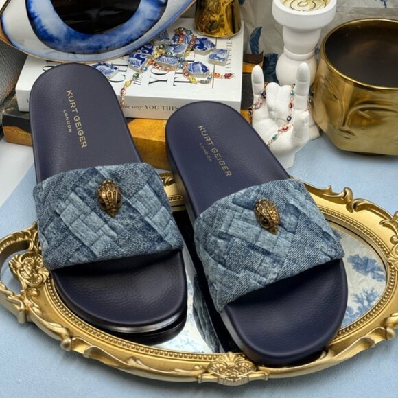 🆕 KURT GEIGER LONDON 🧿 NWOB Blue Denim Meena Eagle Slides, Sz EU 41 US10 - Picture 3 of 12